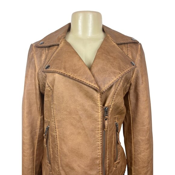 Max Studio Women's Brown Faux Leather Washed Moto Jacket Sz S - Picture 4 of 9